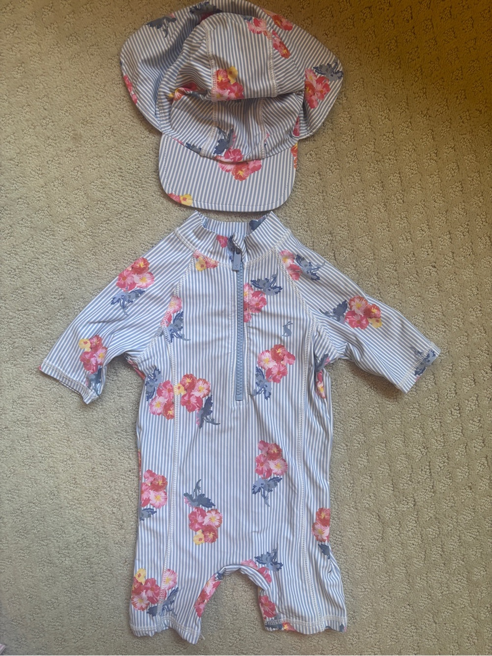 Joules Girls Blue & White Striped Floral One-Piece Swimsuit with Sun Hat